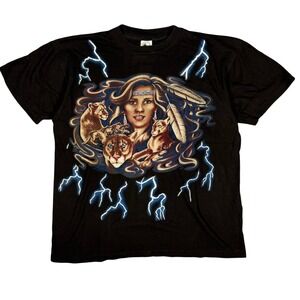 Vintage American Thunder Graphic T Shirt Native American Woman Lightning XL